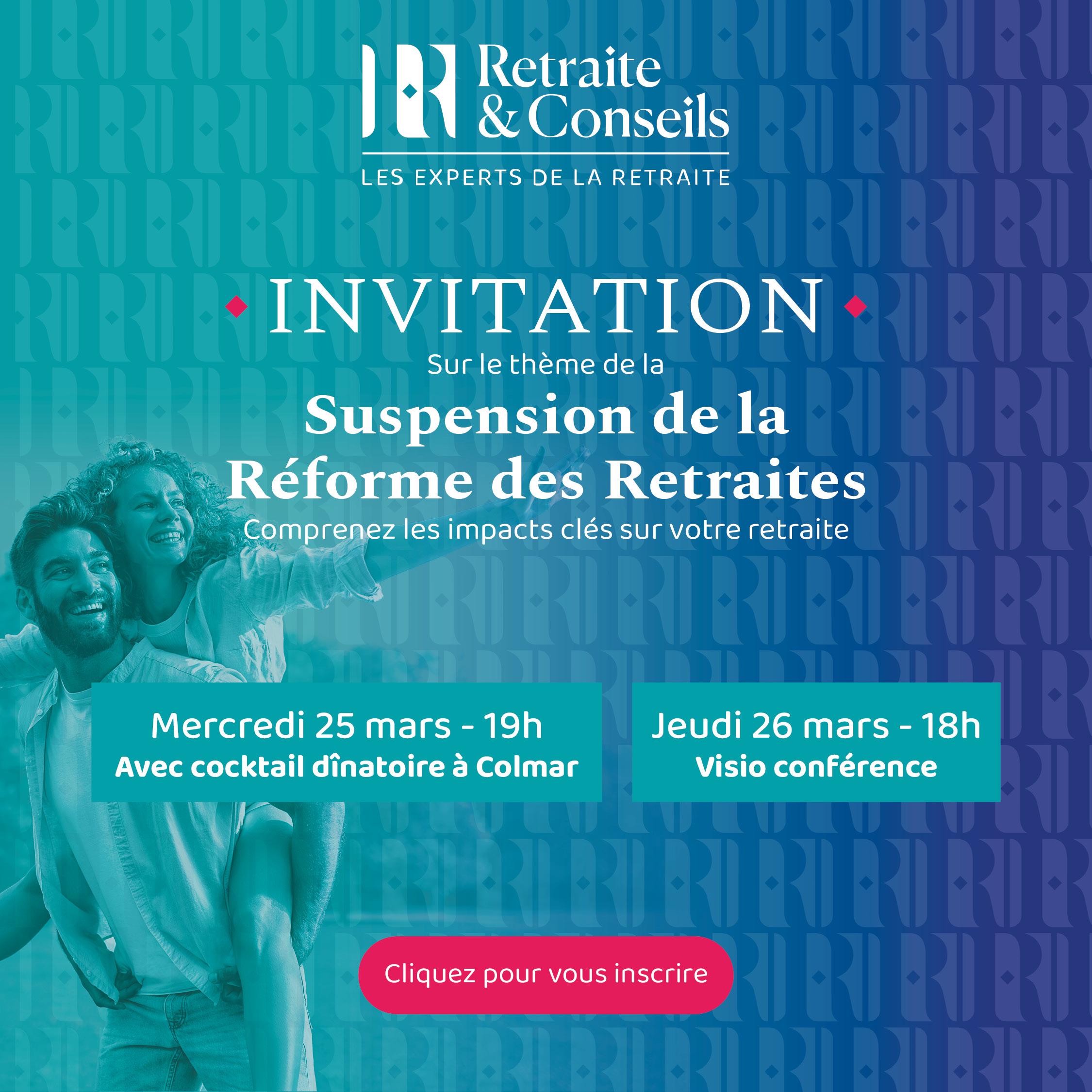visuel fond bleu, Invitation sur le thème dela Suspension de la Réforme des Retraites. Comprenez les impacts clés sur votre retraite. Mercredi 25 mars - 19h Jeudi 26 mars - 18h
